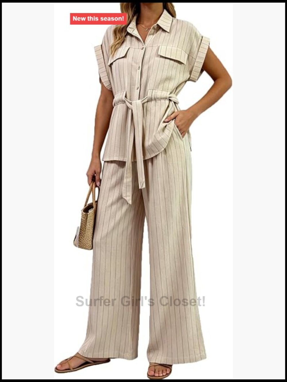 Women's 2 Piece Linen Outfit Striped Button-Down Top and Wide Leg Pants Set